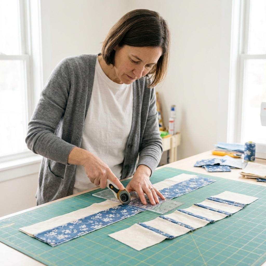A long strip set made from two fabrics being cut into equal segments with a rotary cutter and clear ruler