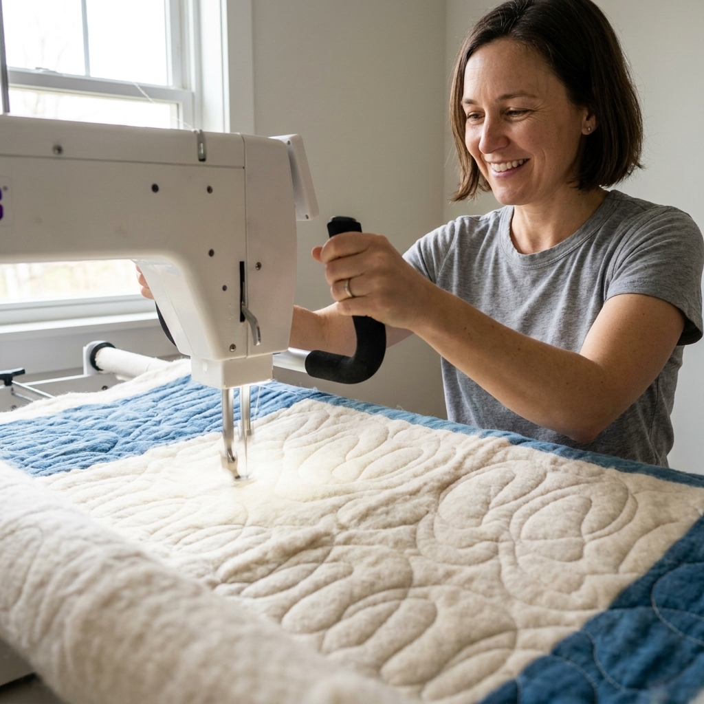 A longarm machine quilting large looping stitches on a quilt with wool batting, showing raised texture and soft loft as the fabric moves under the needle