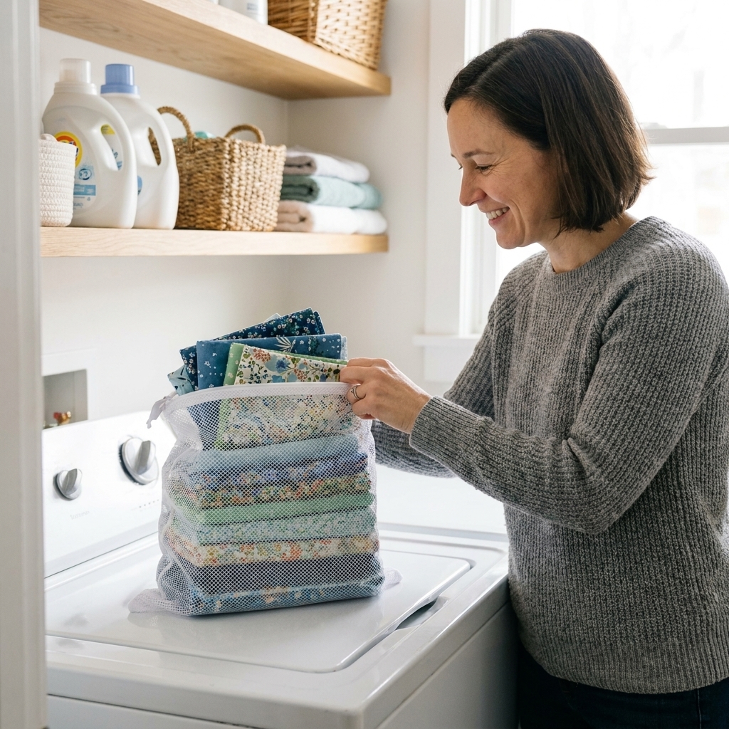 A mesh laundry bag filled with folded quilting cotton pieces sitting on top of a washing machine lid in a home laundry area