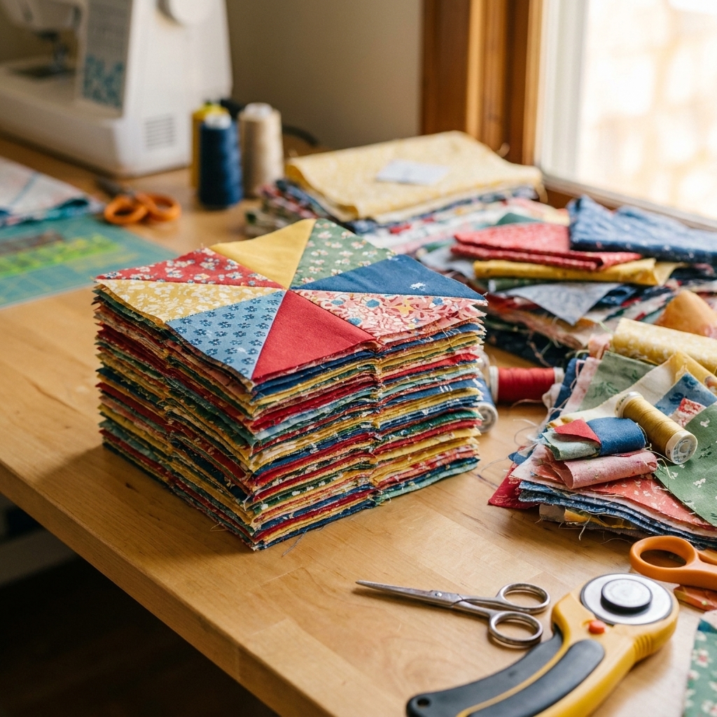 A neat stack of colorful half square triangle units arranged on a table beside fabric scraps
