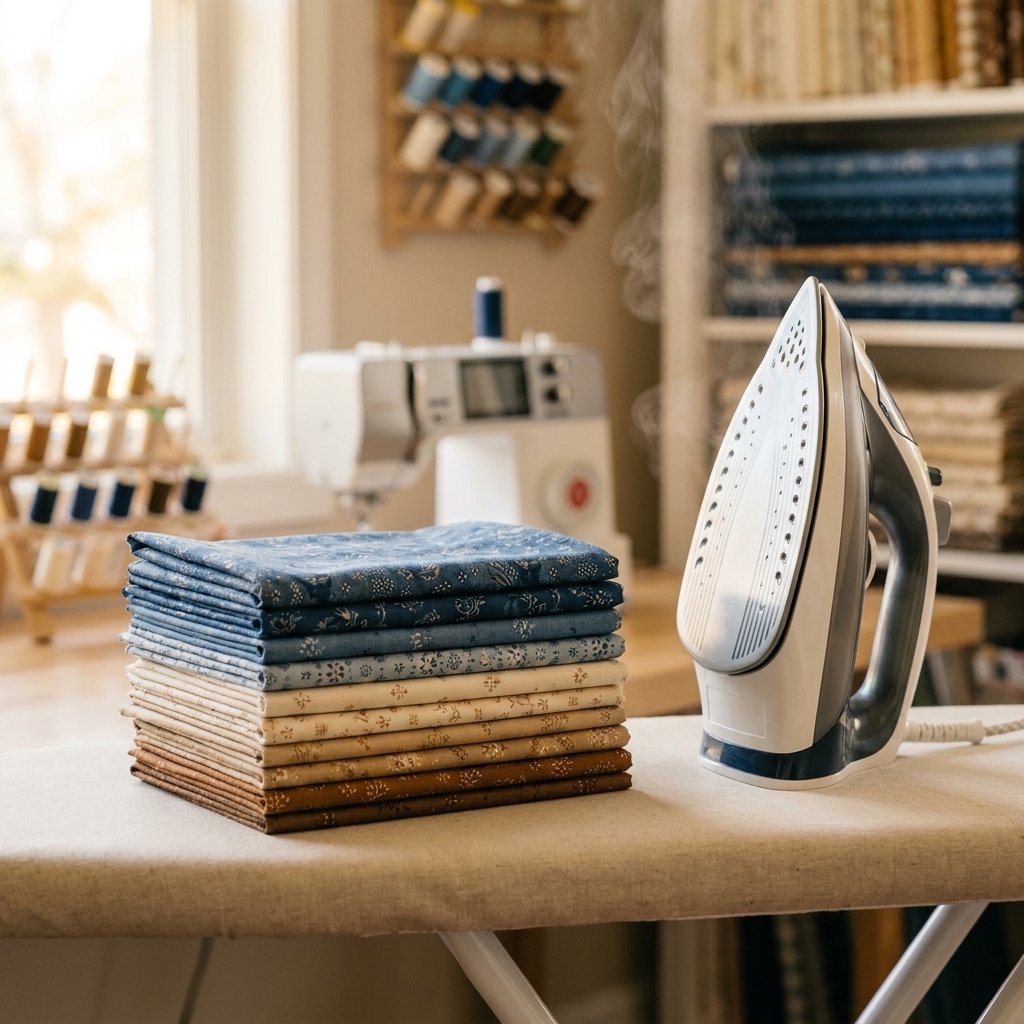 A neat stack of pressed quilting cotton fabrics on an ironing board next to a steam iron, photographed in a cozy sewing room