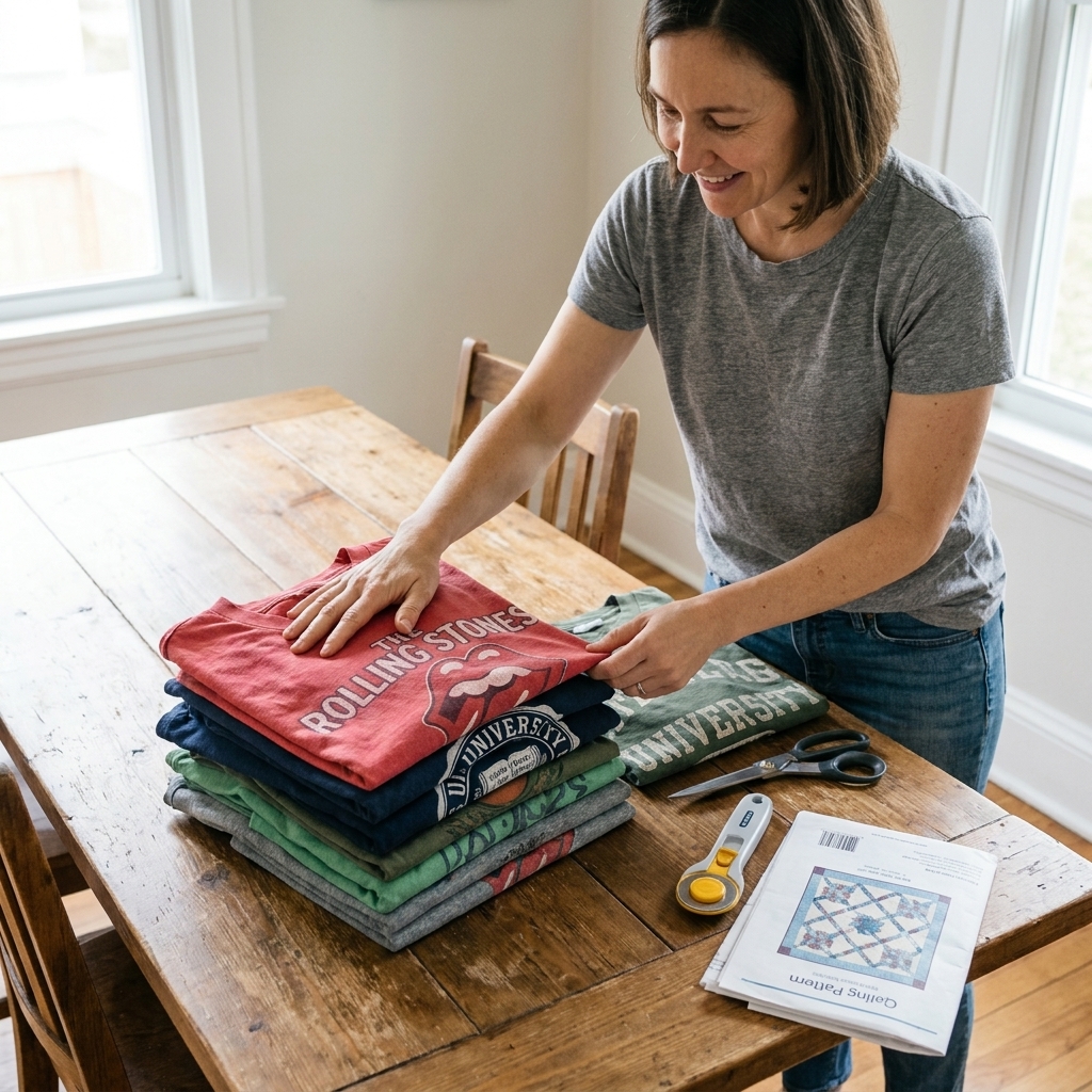 A neat stack of well-worn graphic T-shirts in assorted colors on a wooden table, suggesting a collection ready to be turned into a memory quilt
