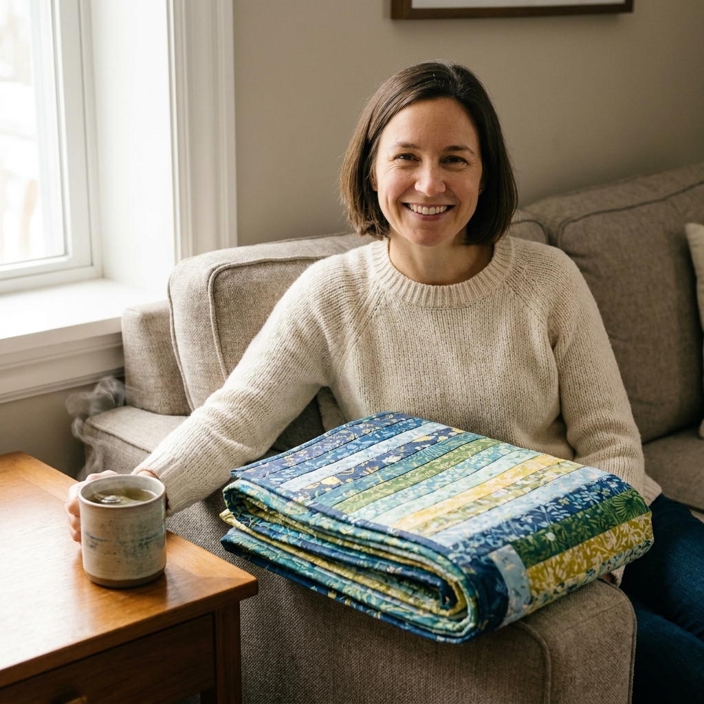 A neatly folded finished jelly roll quilt stacked on a sofa with a ceramic mug of herbal tea on a nearby side table in soft window light