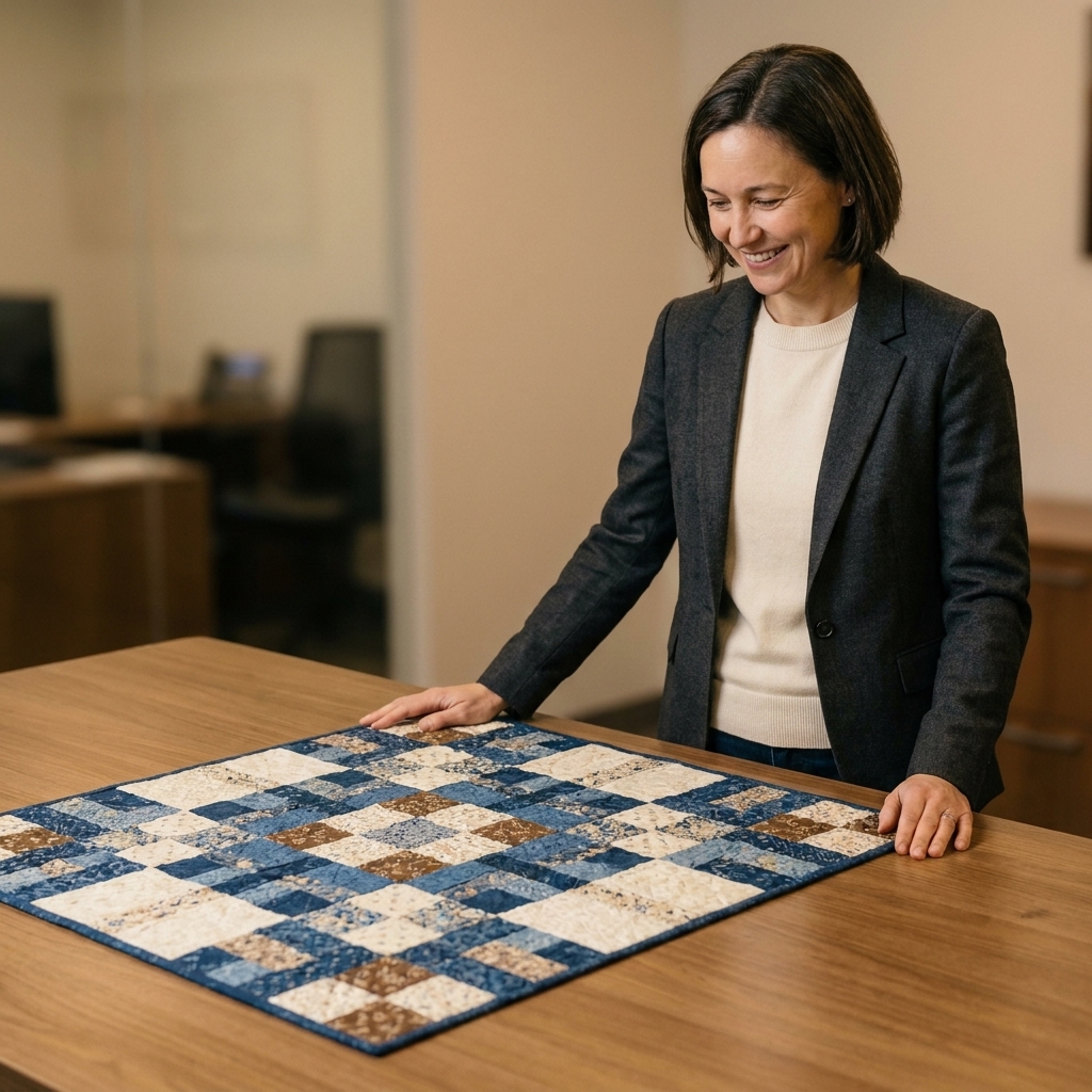 A neatly squared quilt laid flat on a tabletop with clean straight edges and crisp corners, ready for binding