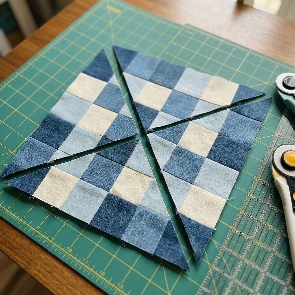 A nine patch quilt block cut diagonally corner to corner into four triangles, laid out on a cutting mat before being turned to form a new center shape