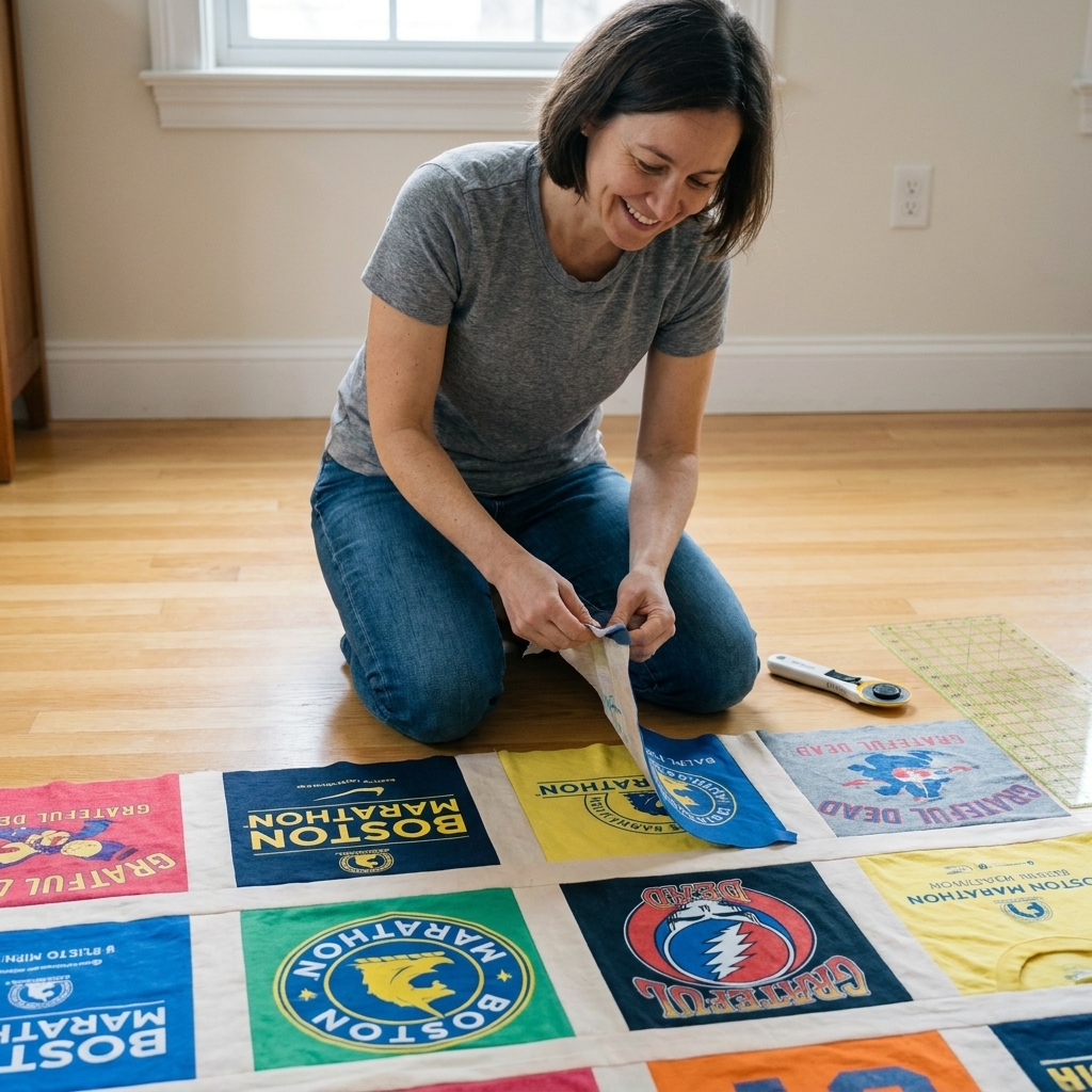 A partially arranged T-shirt quilt top laid out on a clean floor, showing colorful graphic blocks spaced evenly as the maker tests the final layout