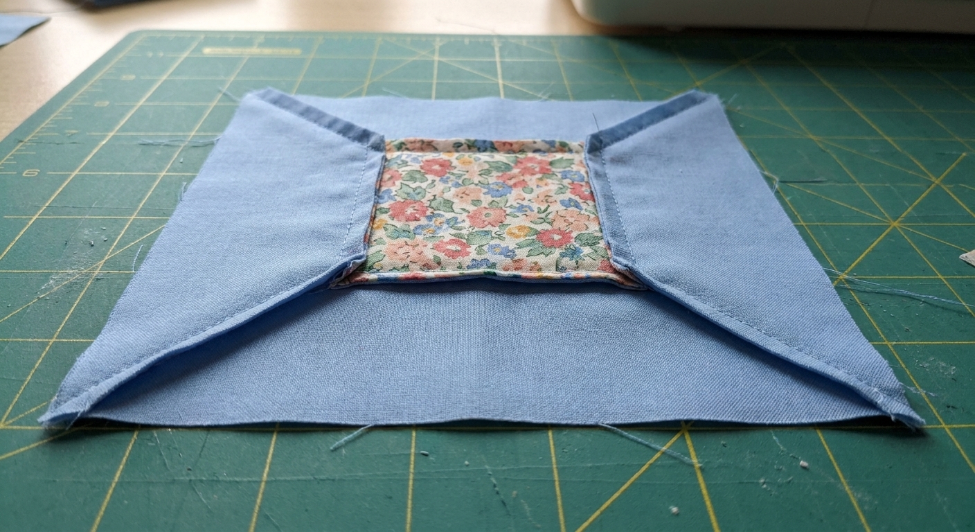 A partially assembled economy quilt block after the first round of triangles is sewn, lying flat on a cutting mat with seams pressed outward