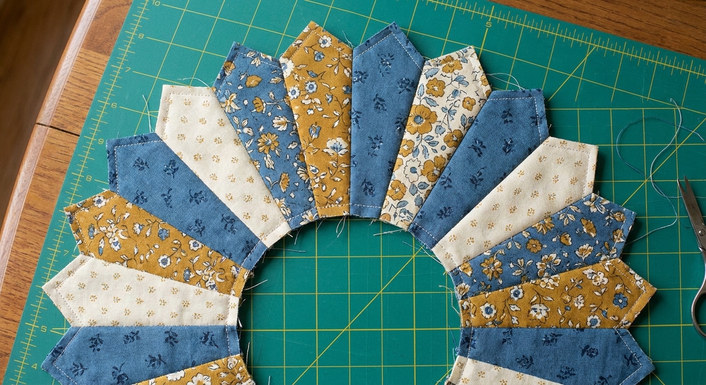 A partially completed Dresden Plate ring made from stitched fabric wedges laid flat on a cutting mat before appliqué