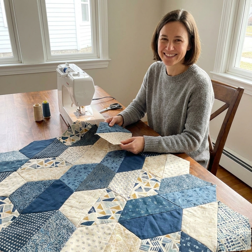 A partially completed half-hexagon quilt top spread on a table, showing large geometric shapes in coordinated prints with clean straight seams