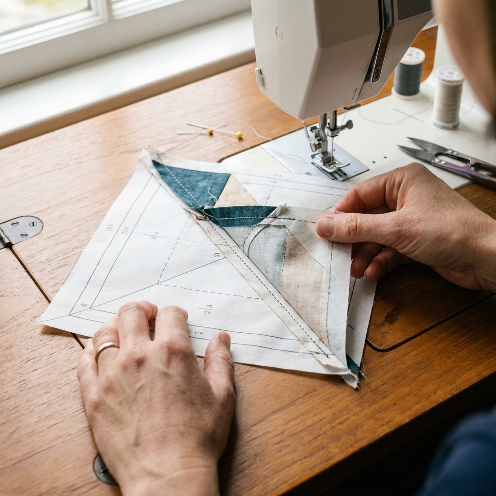 A partially sewn foundation paper pieced flying geese unit on a sewing table, with paper visible and fabric folded back after stitching.
