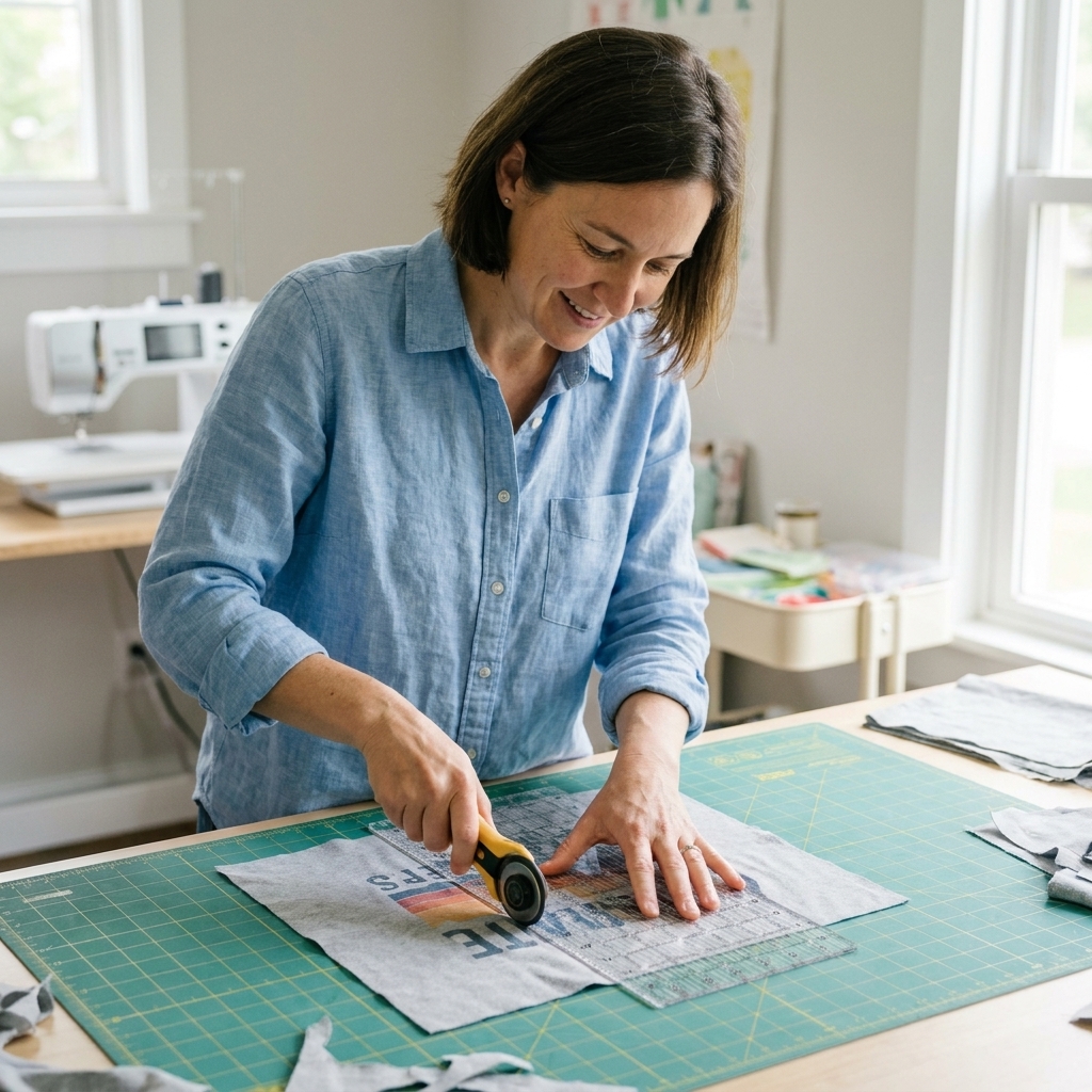 A person cutting a stabilized T-shirt panel into a square using a clear quilting ruler and rotary cutter on a self-healing cutting mat