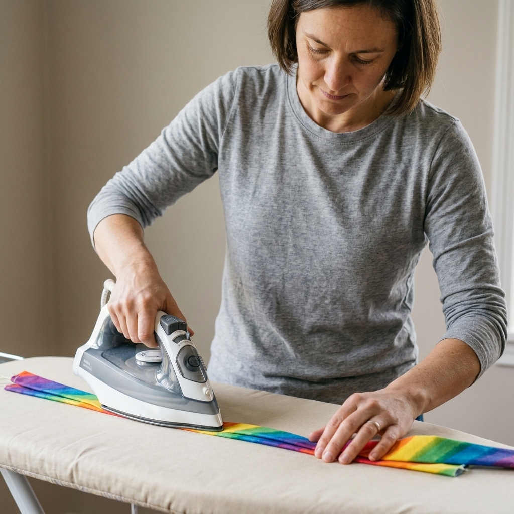 A photo of a long multicolored binding strip being pressed in half lengthwise with a household iron on an ironing board