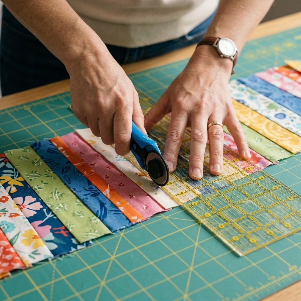 A photo of hands using a rotary cutter and acrylic ruler to trim quilting cotton scraps into even strips on a gridded cutting mat