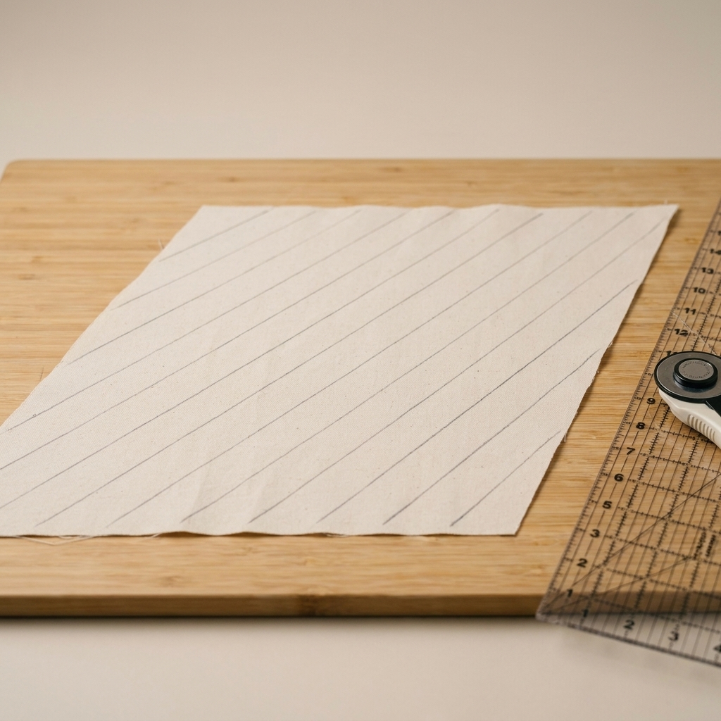 A photograph of a fabric parallelogram laid wrong-side up with evenly spaced pencil lines marked across it at a diagonal, ready to be sewn into continuous bias binding