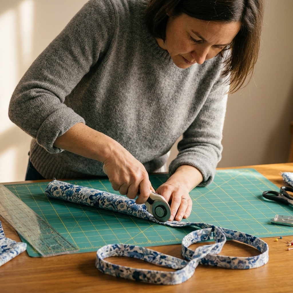A photograph of a fabric tube being carefully cut along a marked line with a rotary cutter, revealing a long continuous bias strip as it unravels