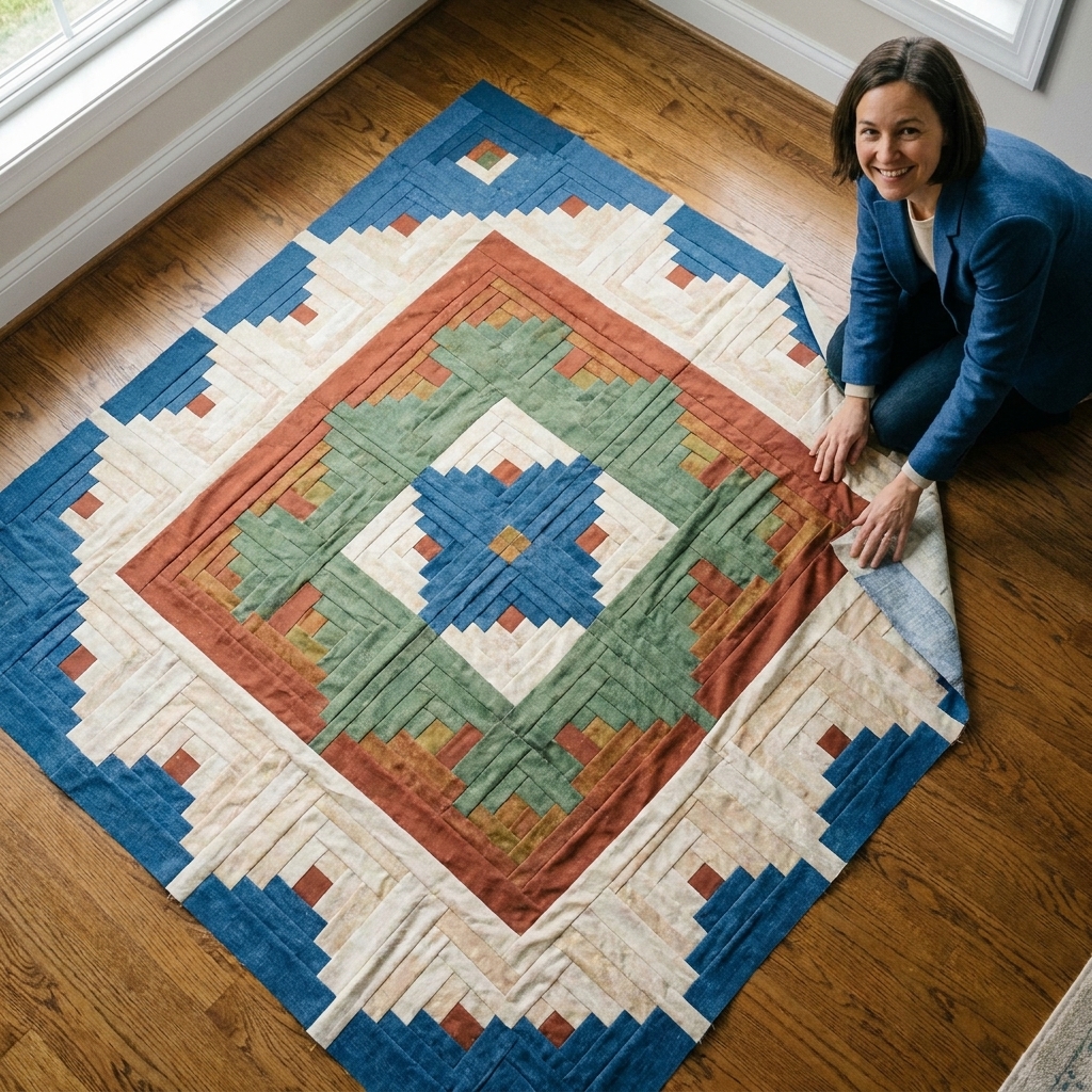 A photograph of a log cabin quilt top laid flat on a floor, arranged in the barn raising layout with concentric squares radiating outward from the center