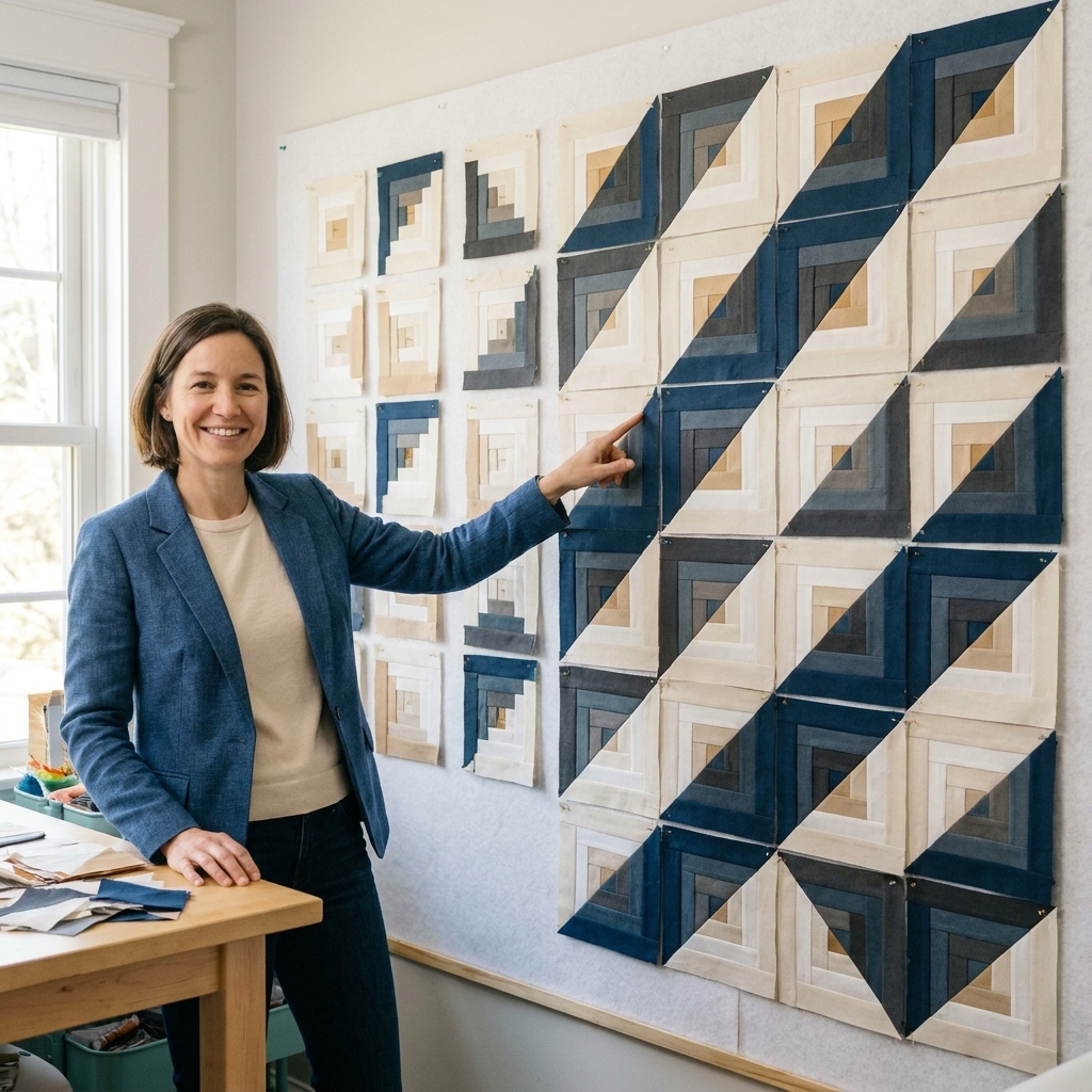 A photograph of a modern half log cabin quilt top on a design wall, showing bold diagonal movement created by rotating blocks with light and dark strip triangles