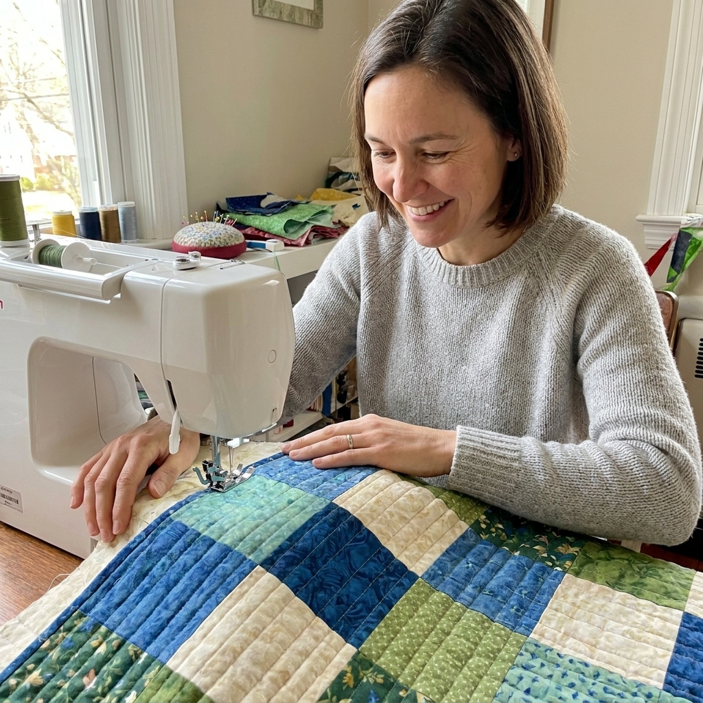 A photograph of a quilt being stitched with a walking foot on a sewing machine, showing straight quilting lines across patchwork squares