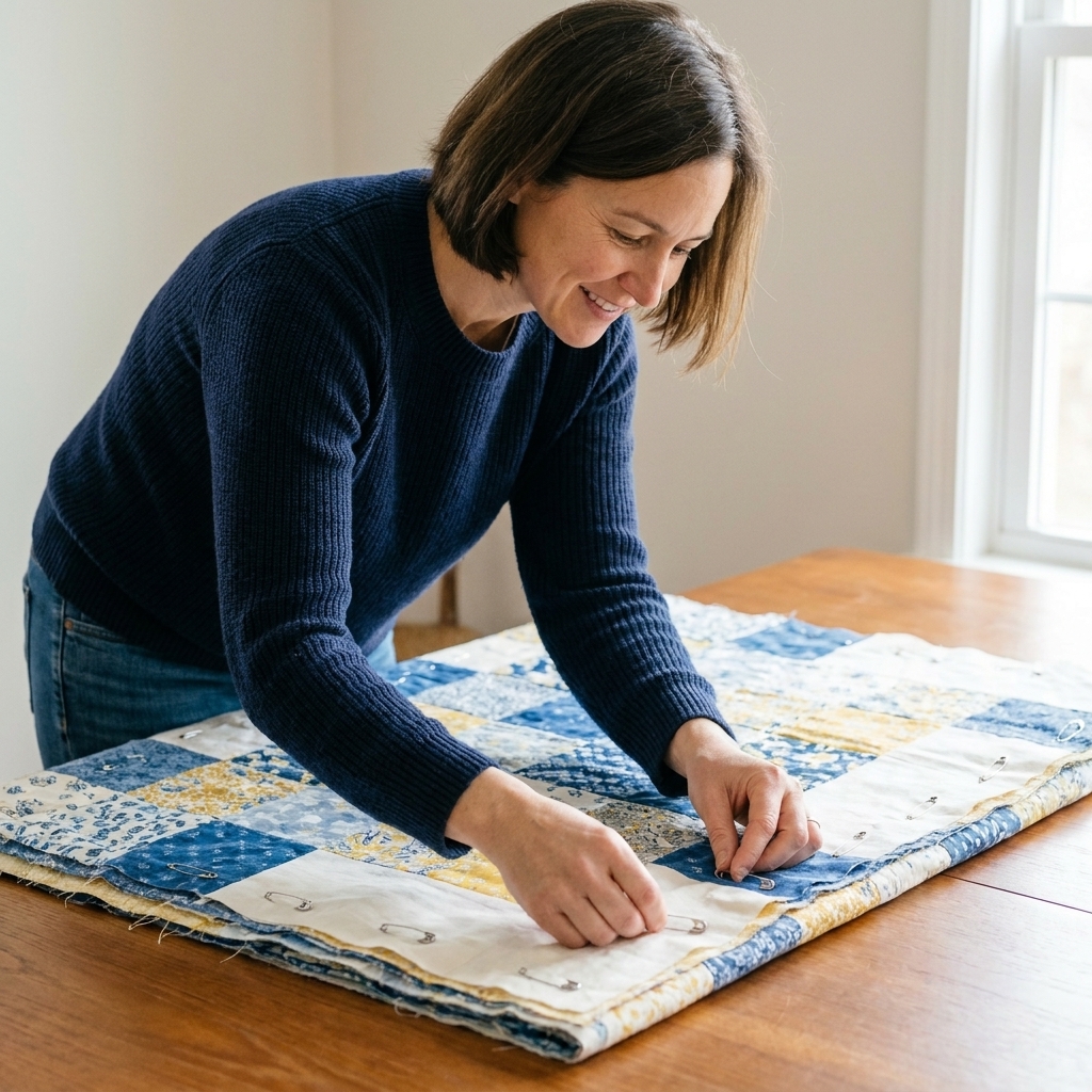 A photograph of a quilt sandwich on a large table being basted with curved safety pins, with hands smoothing the fabric flat