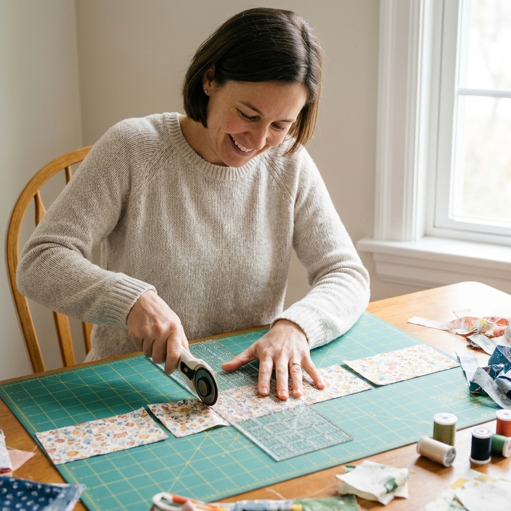 A photograph of a quilter cutting a 6.5-inch fabric strip into squares with a rotary cutter and acrylic ruler on a cutting mat