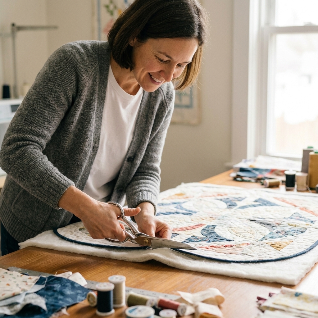 A photograph of a quilter trimming a curved quilt edge with scissors on a table, the batting and backing aligned smoothly
