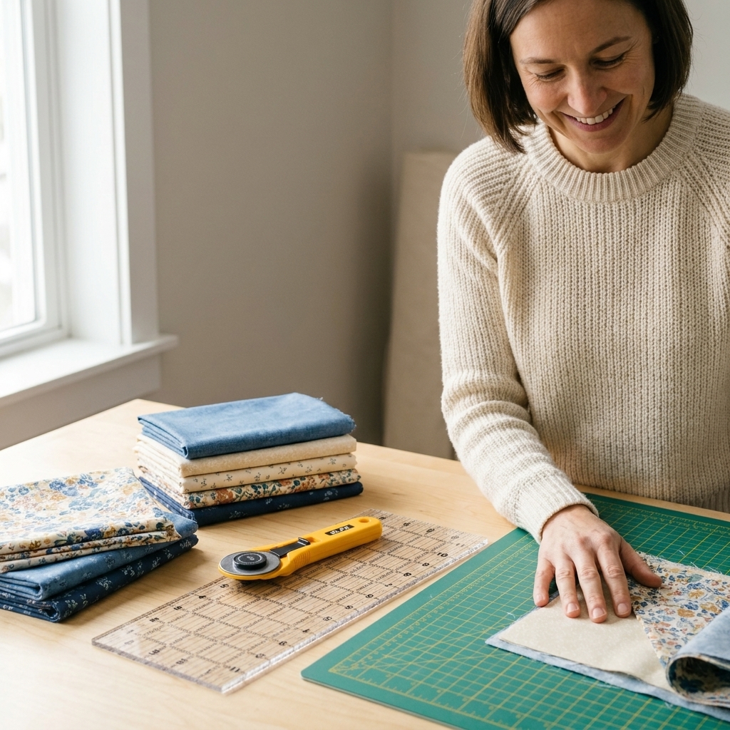 A photograph of a rotary cutter, acrylic quilting ruler, and self-healing cutting mat arranged neatly beside folded cotton fabric on a worktable