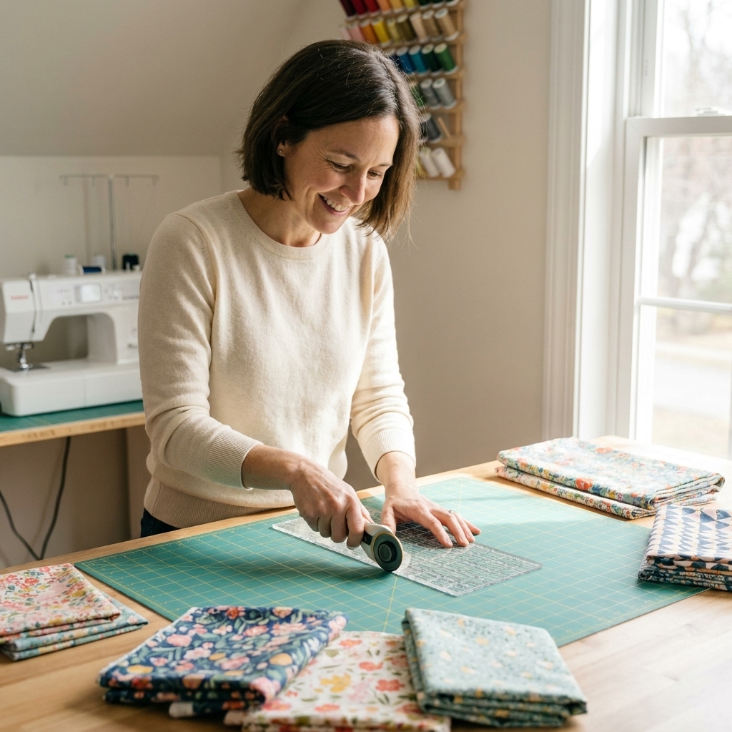A photograph of a rotary cutter, clear quilting ruler, and self-healing cutting mat set up on a worktable with folded cotton fabric nearby