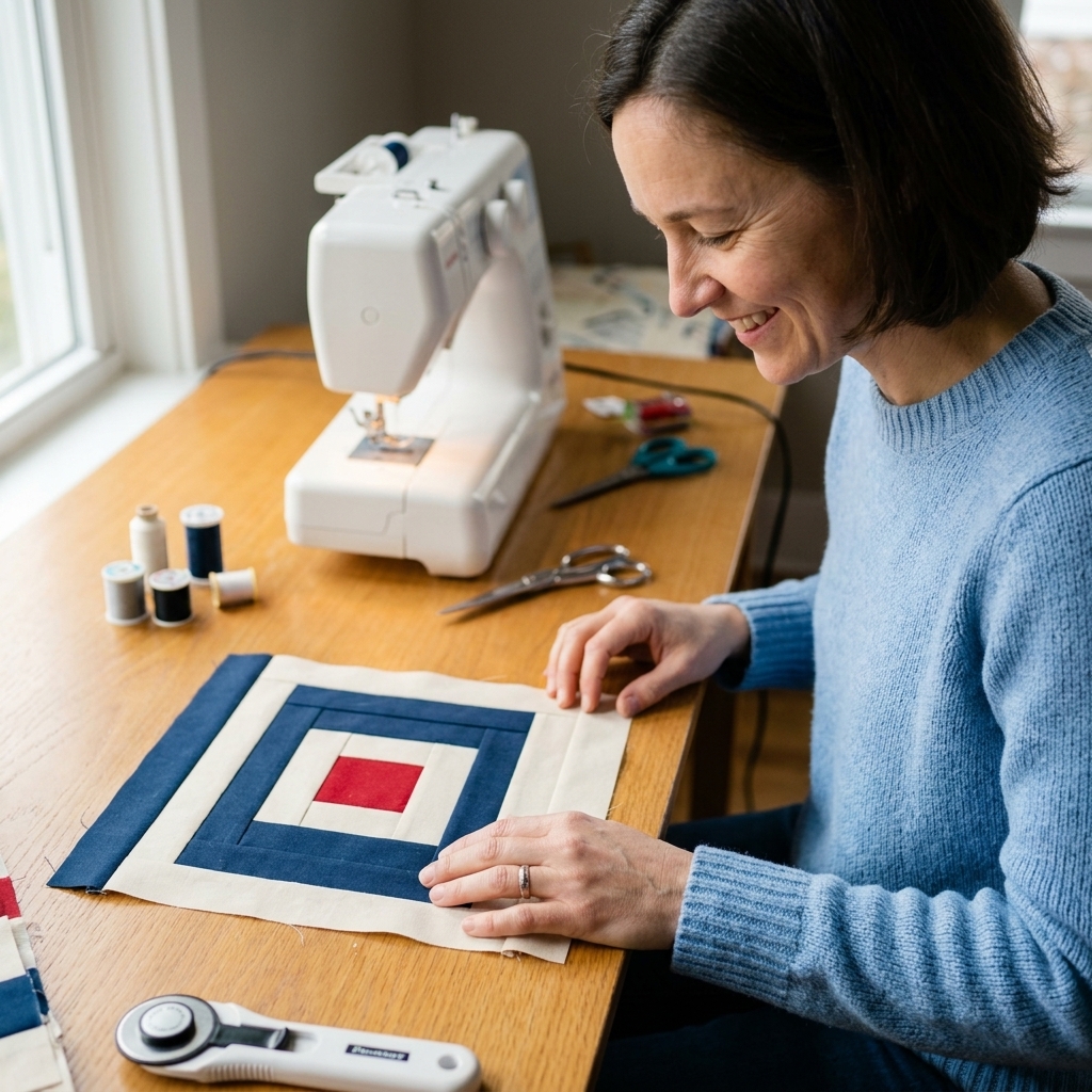 A photograph of a single courthouse steps quilt block on a sewing table, showing symmetrical strips added in pairs around a small center square