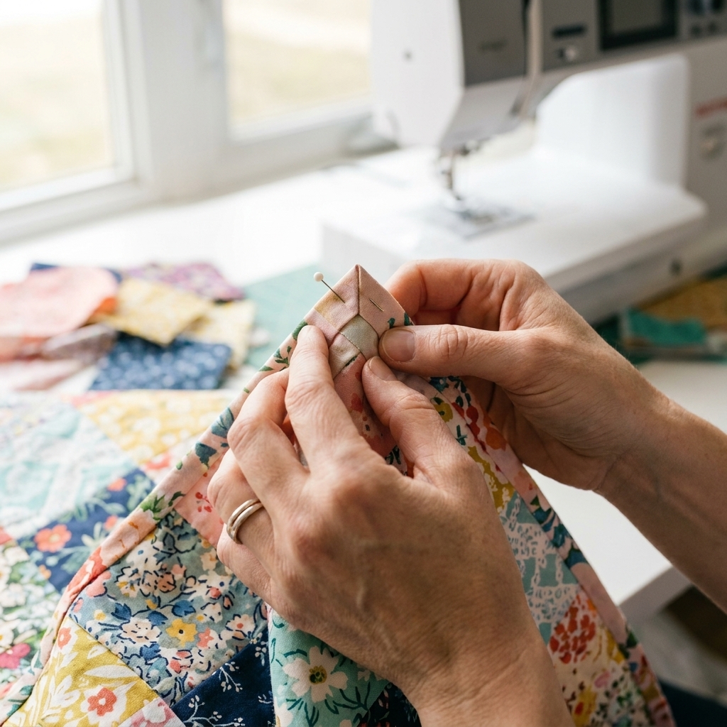 A photograph of hands folding quilt binding into a neat mitered corner on a patchwork quilt edge, ready to be stitched down