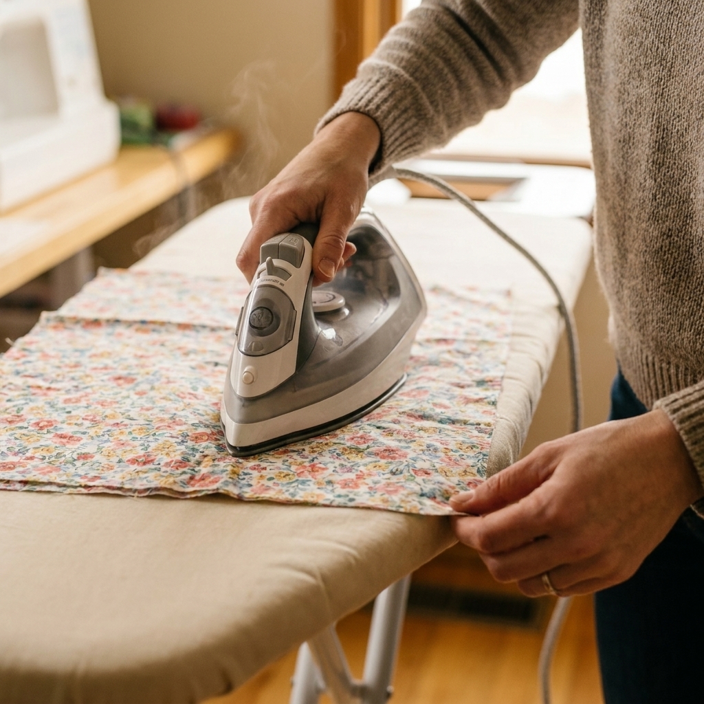 A photograph of hands pressing quilting cotton on an ironing board with a household iron, smoothing wrinkles before cutting