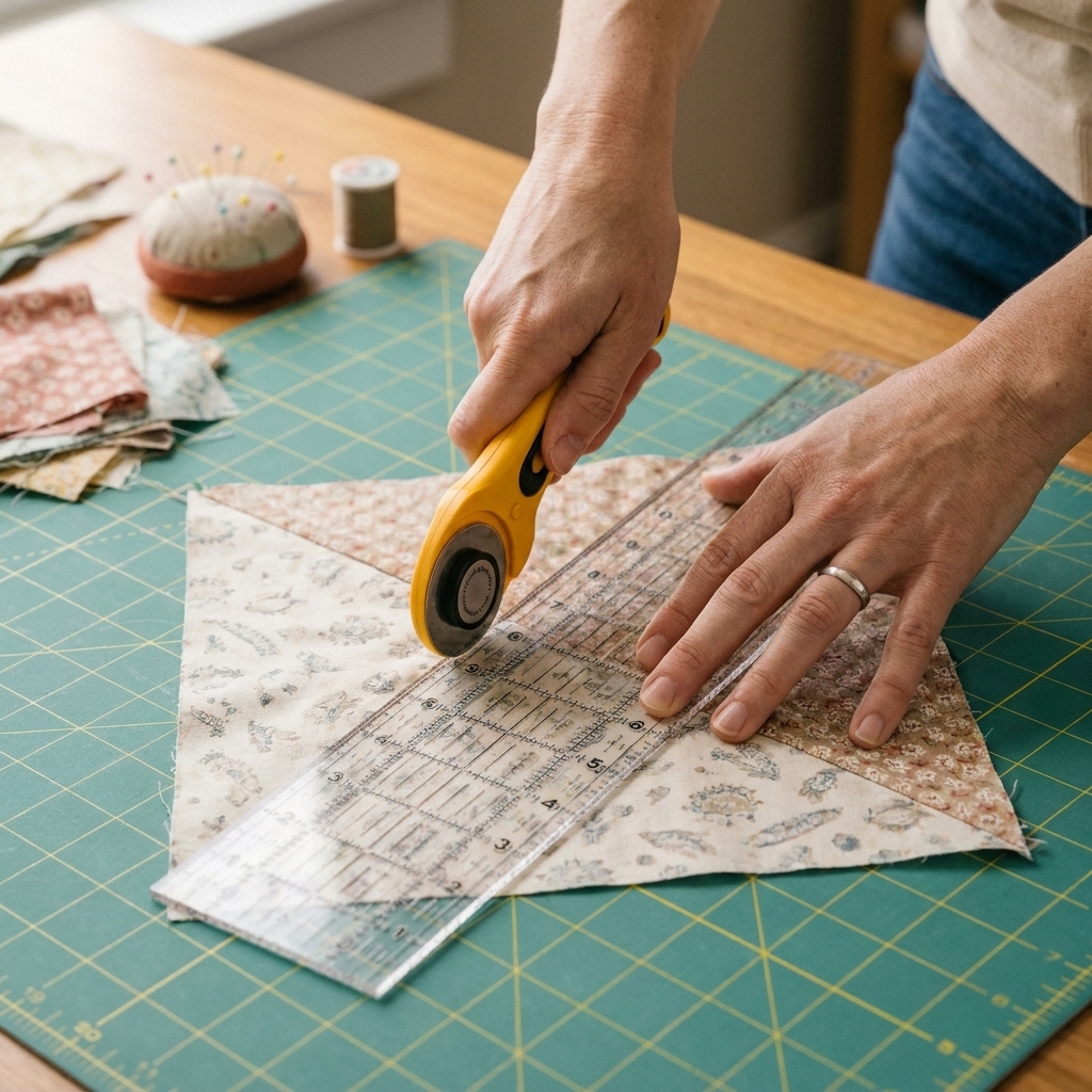 A photograph of hands using a rotary cutter and ruler to cut a pressed fabric square diagonally on a cutting mat, creating two large triangles