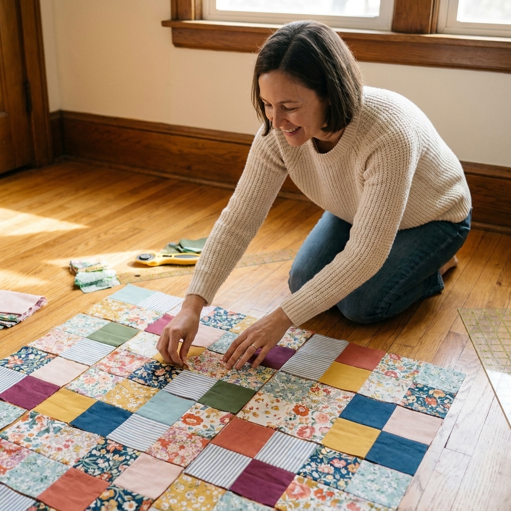 A photograph of patchwork squares arranged in a neat grid on a wooden floor, showing a beginner quilt layout before sewing