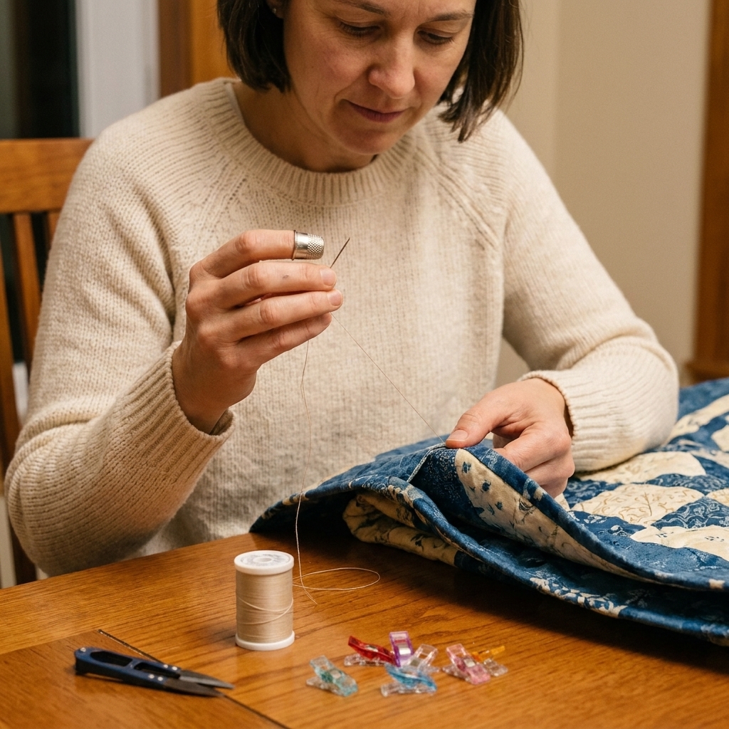 A photograph of quilting hand-binding supplies on a table including a hand-sewing needle, a metal thimble, fine thread, and binding clips next to a folded quilt edge