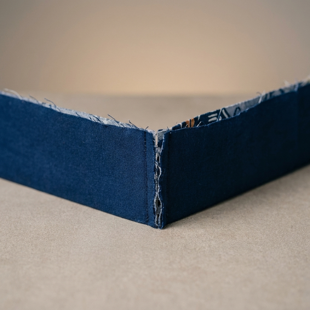 A photograph of two binding strip ends opened and arranged at right angles in an L shape, right sides together, with the raw edges aligned