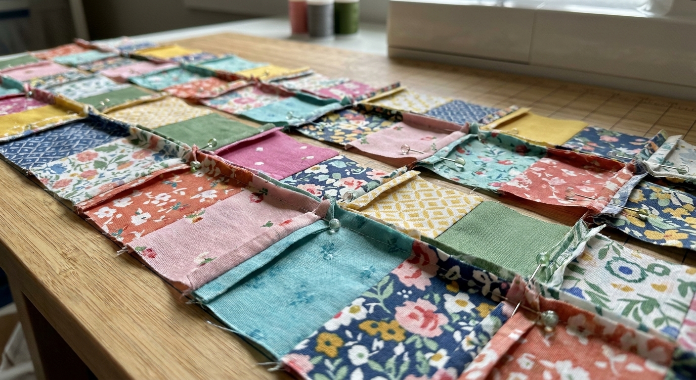 A photograph of two patchwork quilt rows pinned together at seam intersections, showing nested seam allowances before stitching