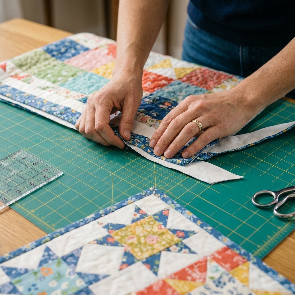 A photograph of two quilt binding tails overlapped along the edge of a quilt, lying flat on a cutting table with the quilt corner visible nearby