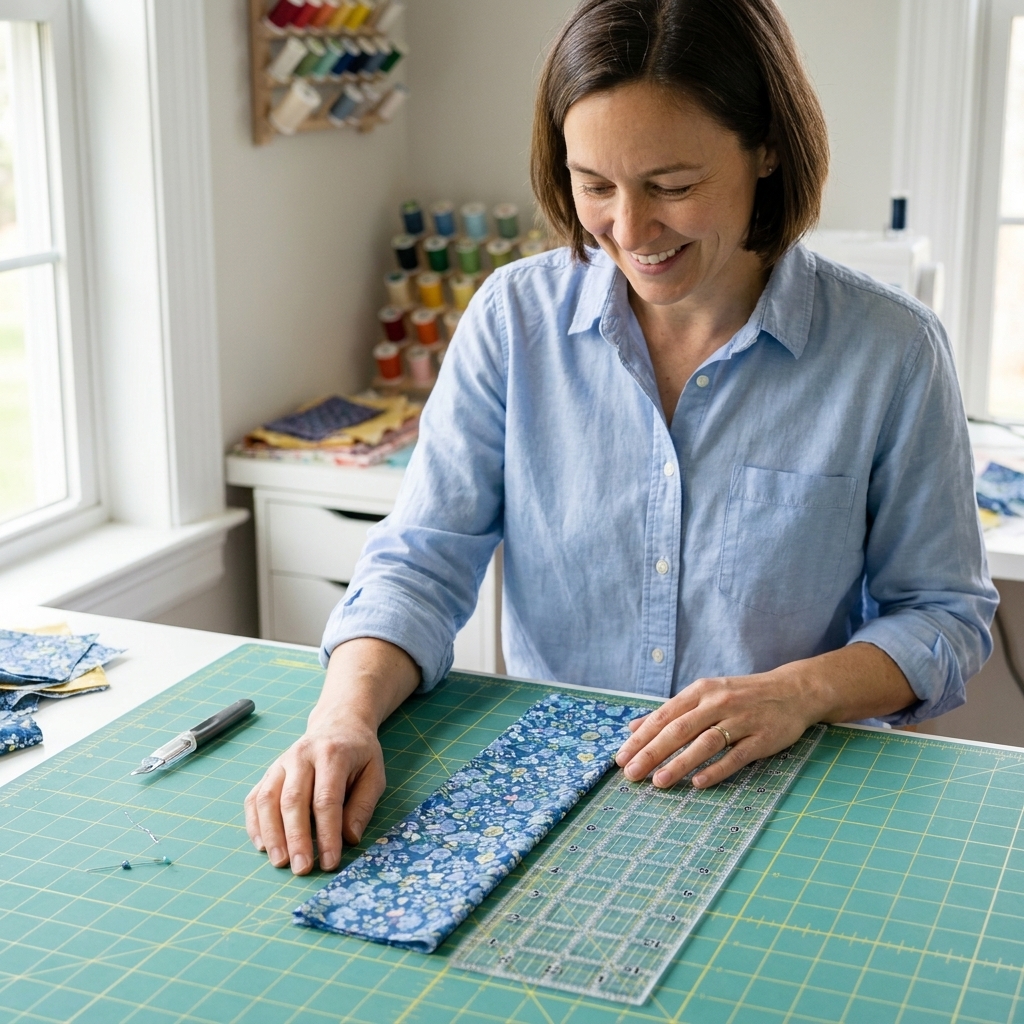 A pressed 9 inch tall fabric strip on a quilting mat with a ruler beside it, ready to be folded into a hanging sleeve