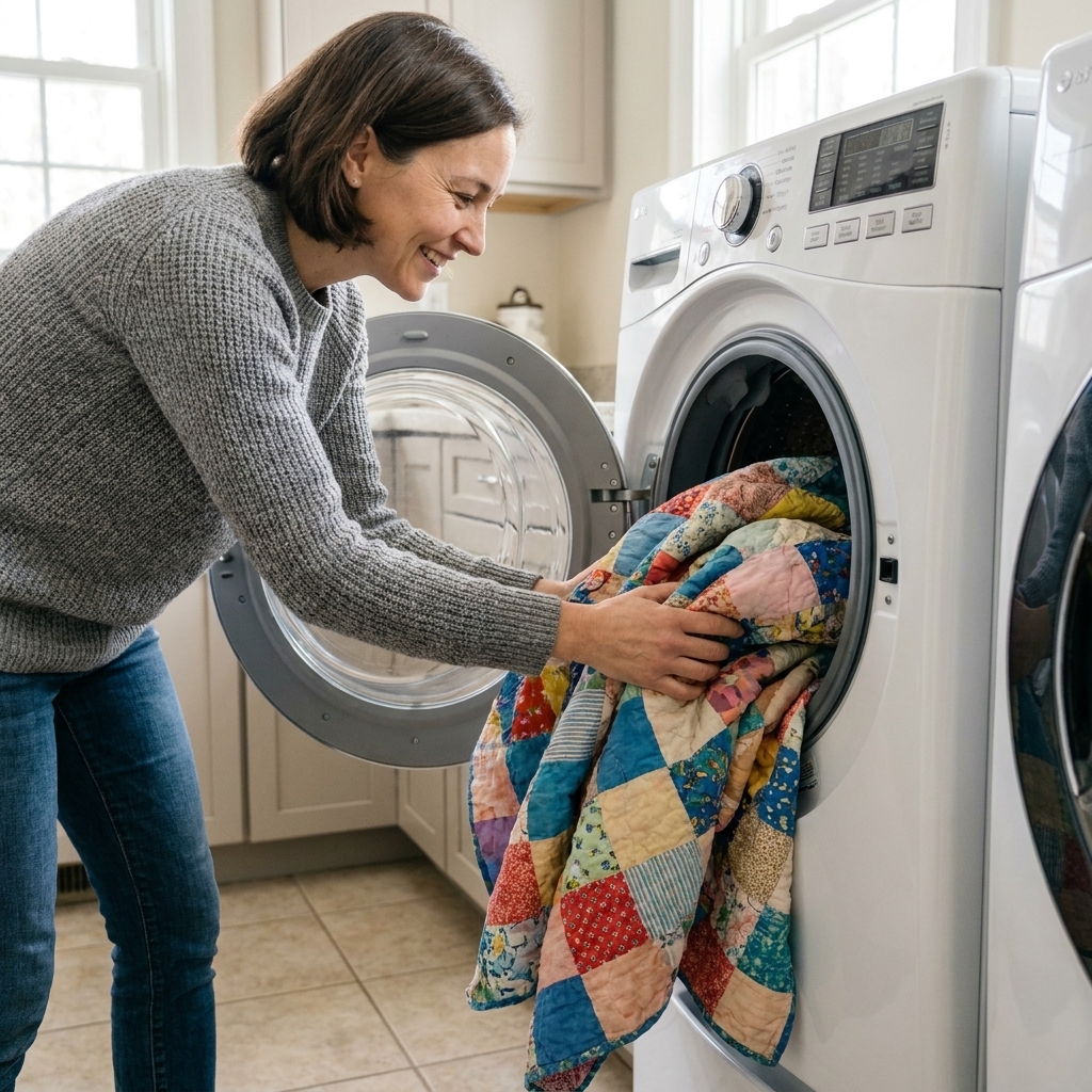 A quilt being placed loosely into a front-loading washing machine, showing the quilt not packed tightly and the drum partially visible