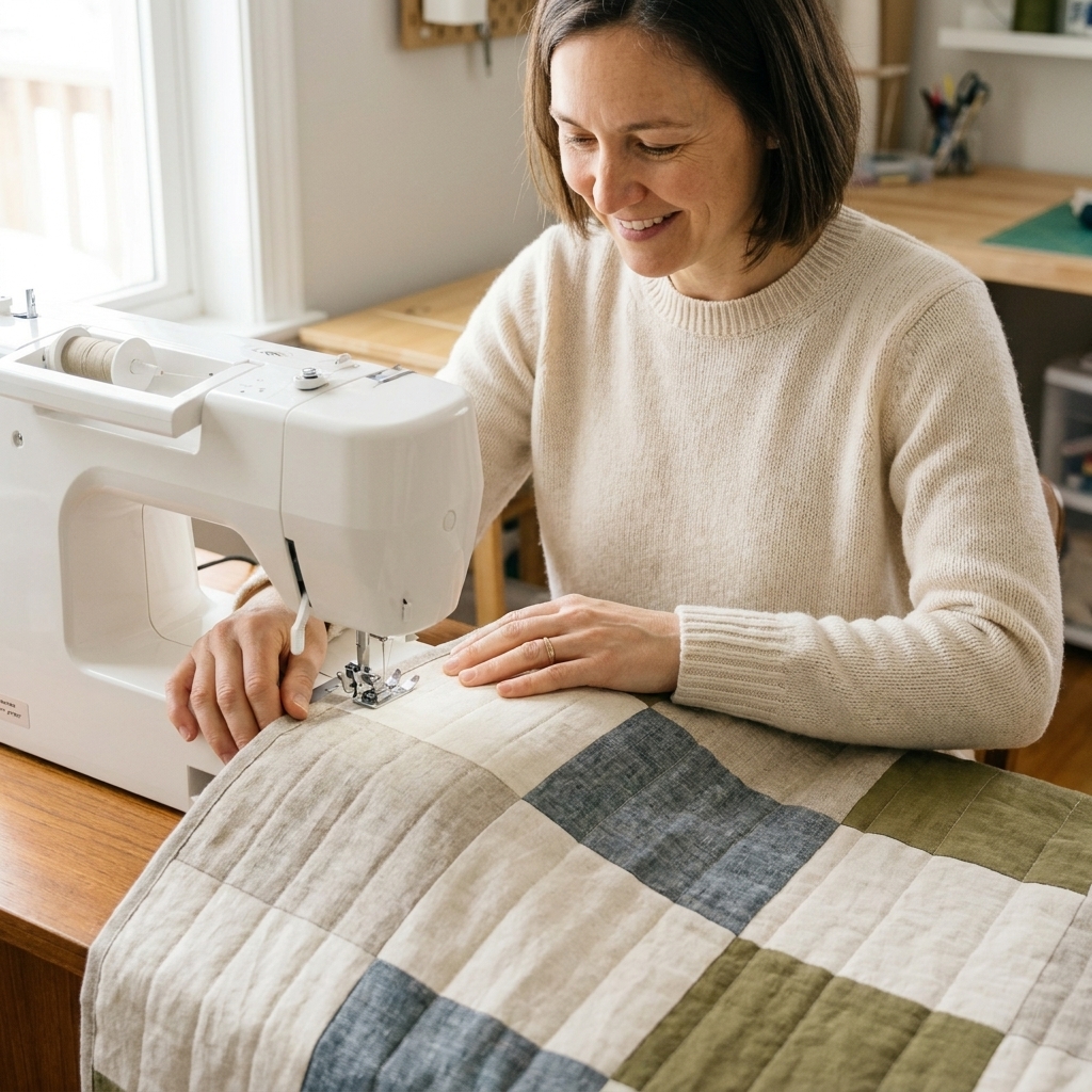 A quilt being stitched with a walking foot on a sewing machine, showing straight-line quilting on a linen blend patchwork top