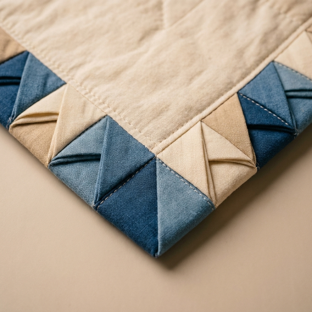A quilt corner finished with prairie points, showing neatly aligned points meeting cleanly at the corner with crisp stitching