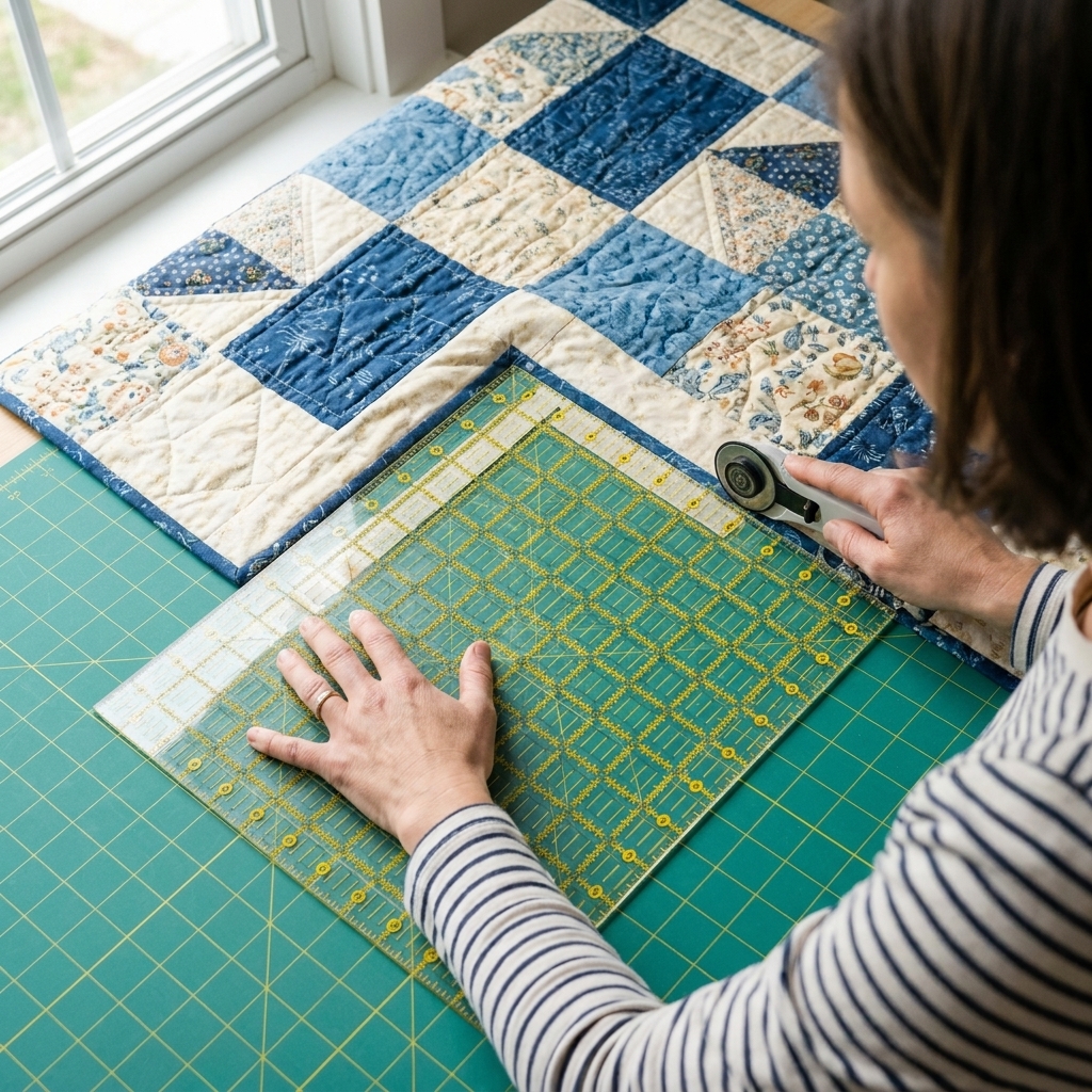 A quilt corner on a cutting mat with a large square acrylic ruler aligned to two edges, ready for trimming to create a 90-degree corner