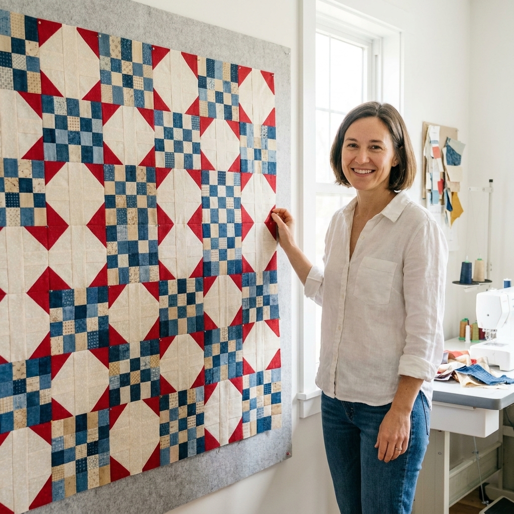 A quilt top on a design wall showing alternating Nine Patch blocks and Snowball blocks in a simple grid, with consistent corner triangles creating a repeating pattern