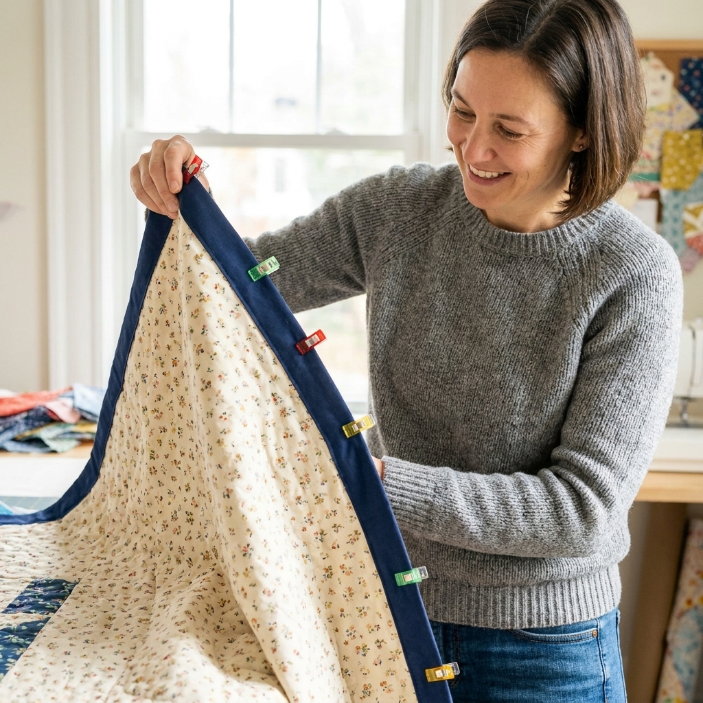 A quilt turned to the back with binding wrapped over the edge and held in place with several quilting clips