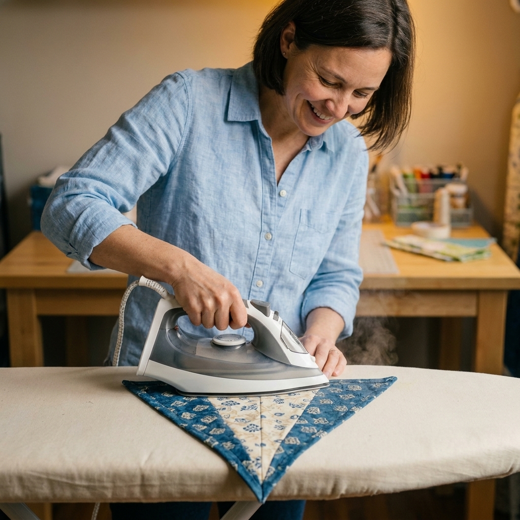 A quilt wedge being pressed with an iron, showing a crisp pointed tip and a smooth seam at the top