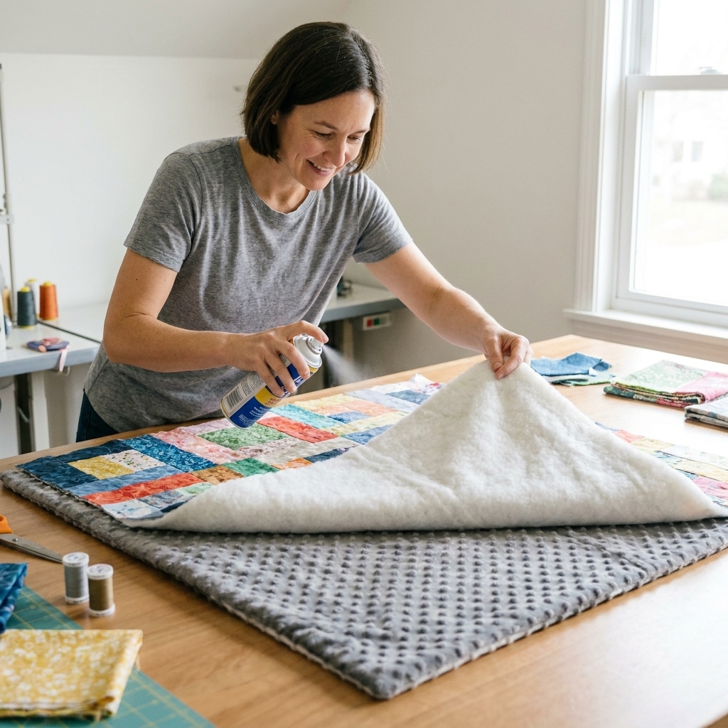 A quilter lifting a corner of a quilt top to apply basting spray to the batting on a large table, with minky backing underneath