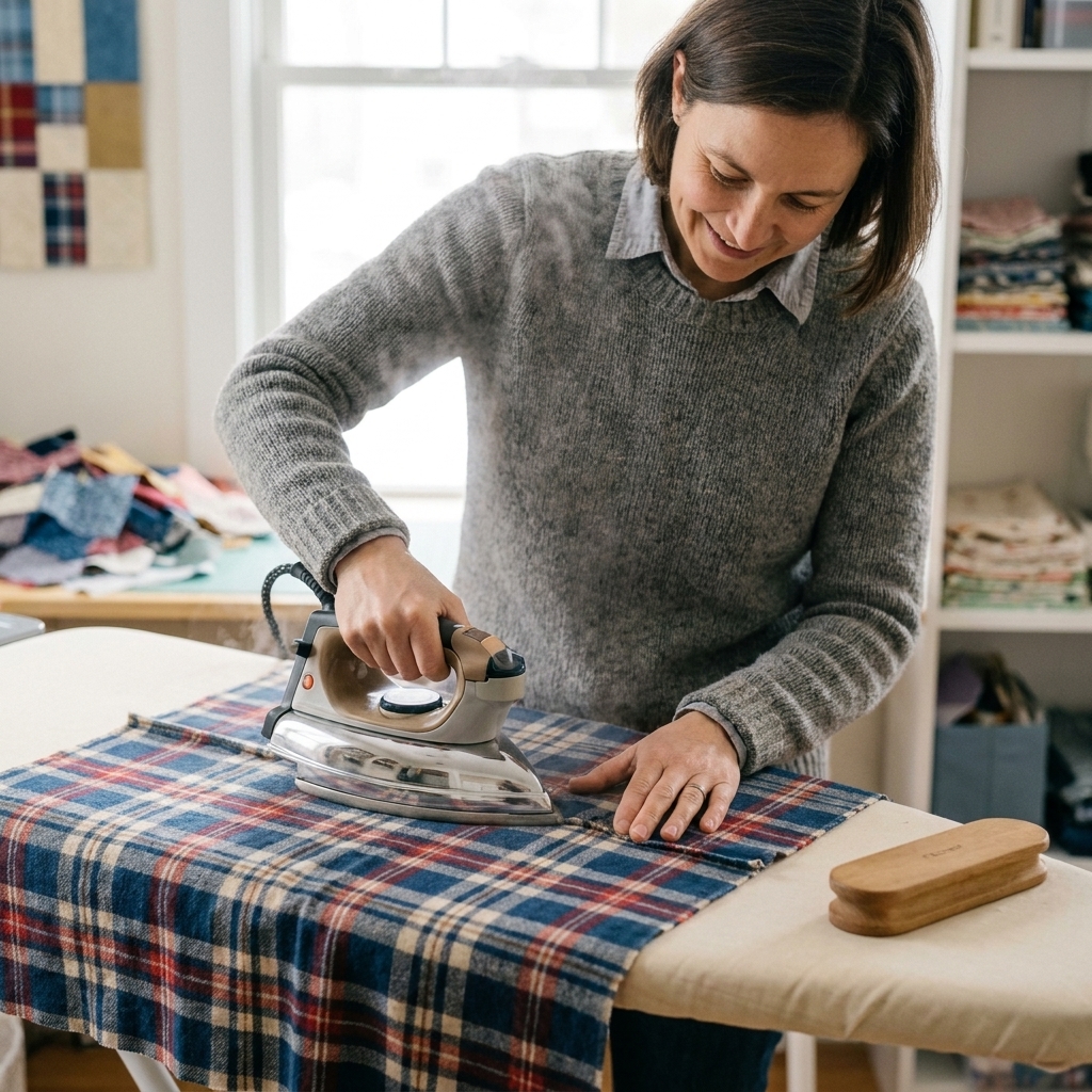 A quilter presses a thick seam intersection on a flannel quilt block with a steam iron while a wooden clapper rests nearby on the ironing board