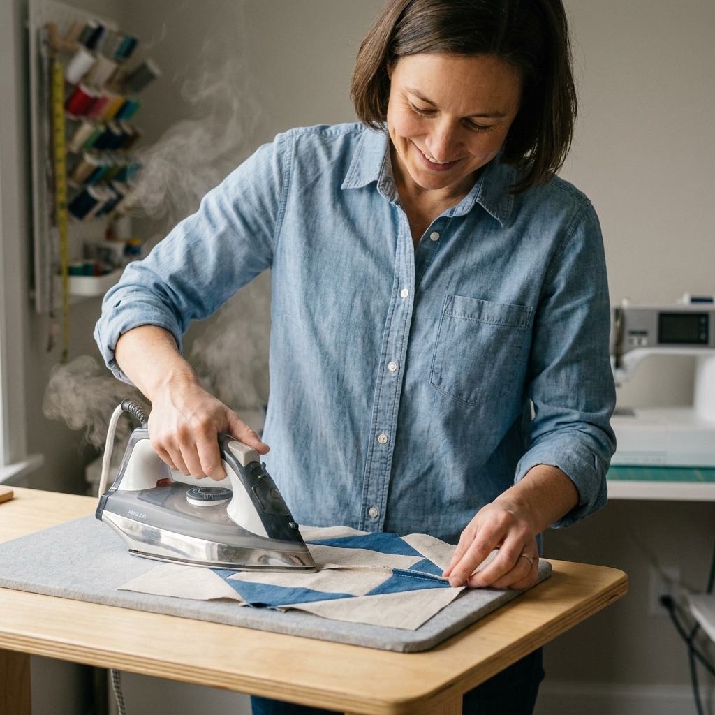 A quilter pressing a seam on a linen blend quilt block with a hot iron, lifting and pressing rather than sliding
