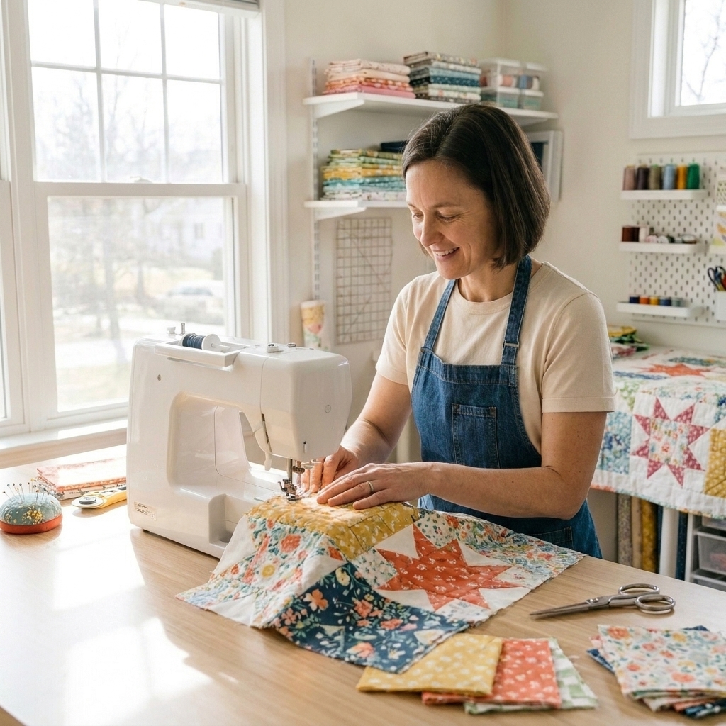 A quilter seated at a sewing machine, guiding a patchwork quilt block under the presser foot in warm natural window light