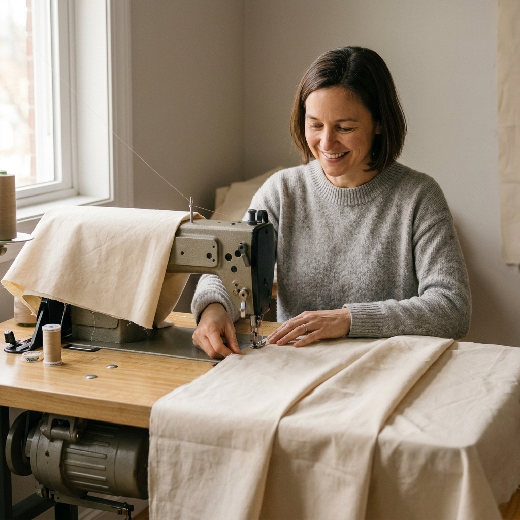 A quilter sewing two large backing fabric panels together at a sewing machine, with the fabric supported on a table