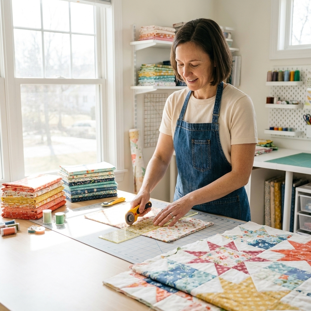 A quilter standing at a cutting table in a bright quilting studio, surrounded by folded fabric, a rotary cutter, and a partially pieced quilt top